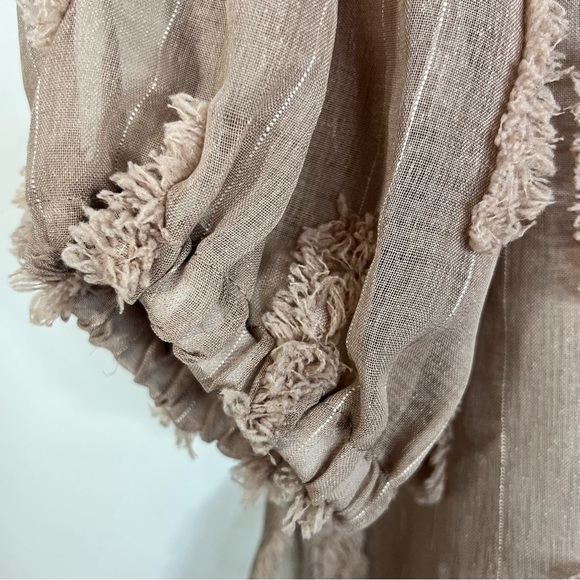 Taupe brown sheer statement puff sleeve pin stripe boxy oversized top M - Picture 8 of 14